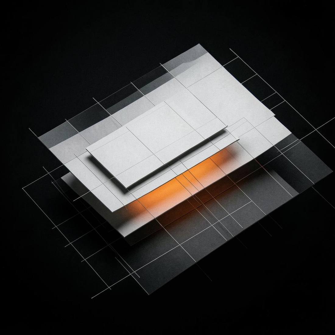 Layered panels and grid lines representing structured page design
